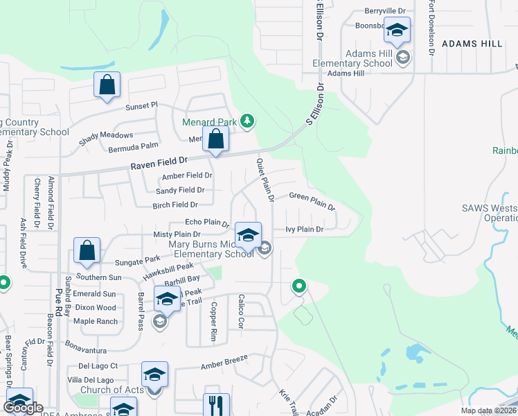map of restaurants, bars, coffee shops, grocery stores, and more near 2945 Moss Plain Drive in San Antonio