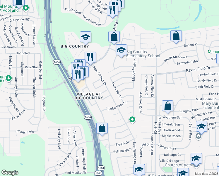 map of restaurants, bars, coffee shops, grocery stores, and more near 2606 Mud Lake Drive in San Antonio