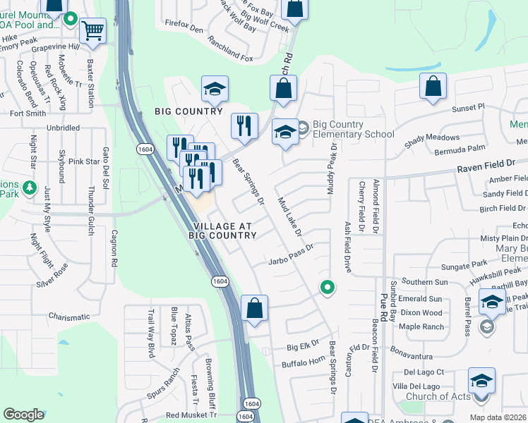 map of restaurants, bars, coffee shops, grocery stores, and more near 11414 Cedar Corral Drive in San Antonio