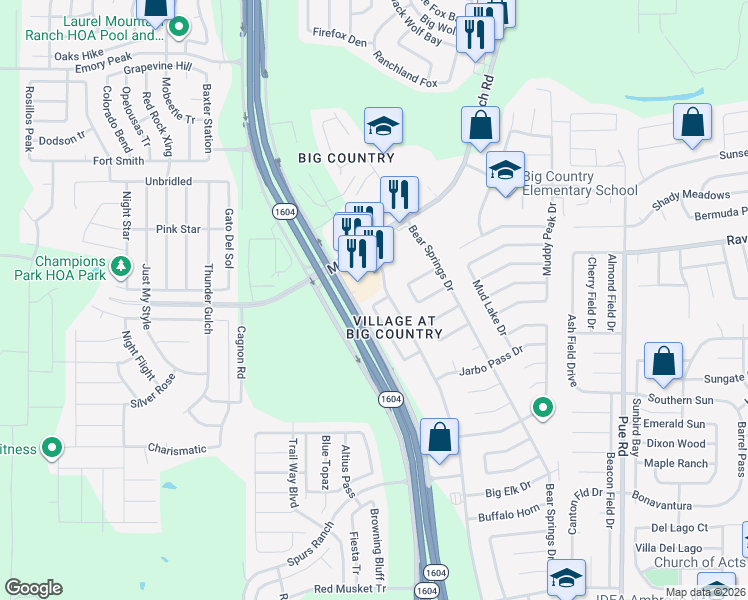 map of restaurants, bars, coffee shops, grocery stores, and more near 2415 Westgard Pass in San Antonio