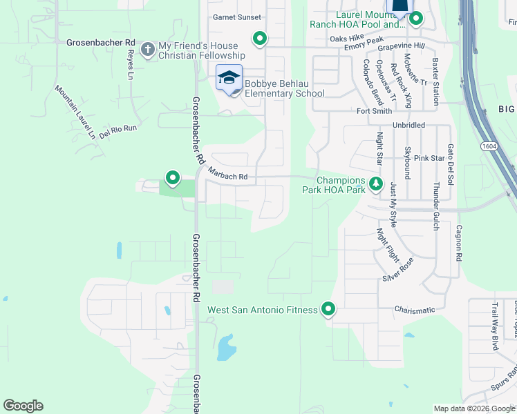 map of restaurants, bars, coffee shops, grocery stores, and more near 2938 Lindenwood Run in San Antonio