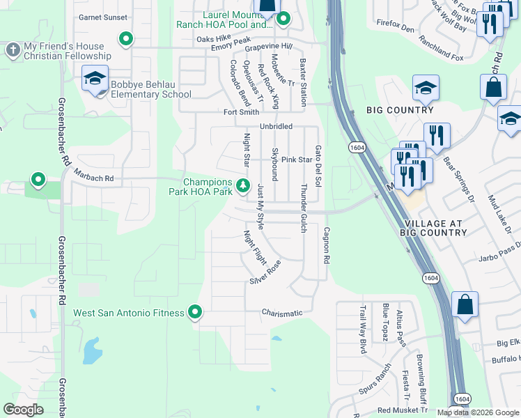 map of restaurants, bars, coffee shops, grocery stores, and more near 2975 Just My Style in San Antonio