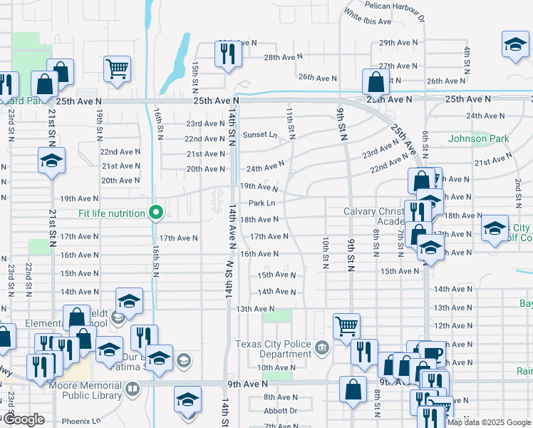 map of restaurants, bars, coffee shops, grocery stores, and more near 1129 18th Avenue North in Texas City