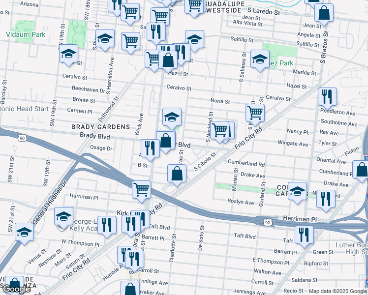 map of restaurants, bars, coffee shops, grocery stores, and more near 2404 South Calaveras Street in San Antonio