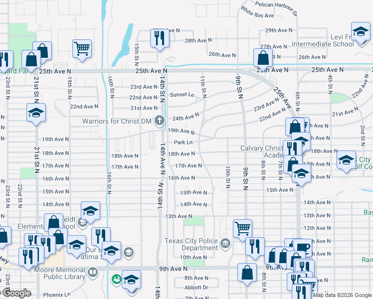 map of restaurants, bars, coffee shops, grocery stores, and more near 1129 18th Avenue North in Texas City