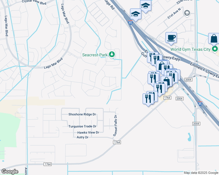 map of restaurants, bars, coffee shops, grocery stores, and more near 12019 Midship Lane in La Marque