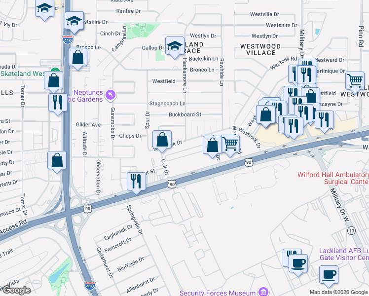 map of restaurants, bars, coffee shops, grocery stores, and more near 247 North Plaza in San Antonio