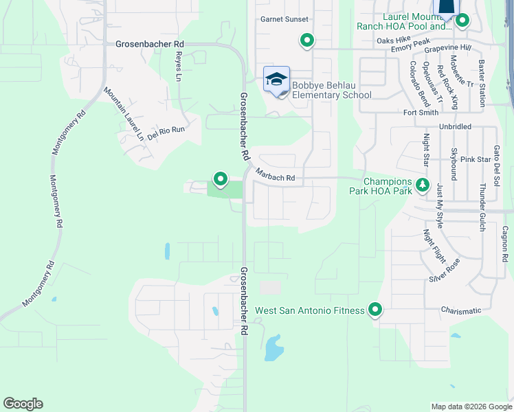 map of restaurants, bars, coffee shops, grocery stores, and more near 2380 Grosenbacher Road in San Antonio