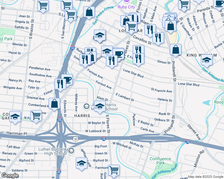 map of restaurants, bars, coffee shops, grocery stores, and more near 106 Furnish Avenue in San Antonio