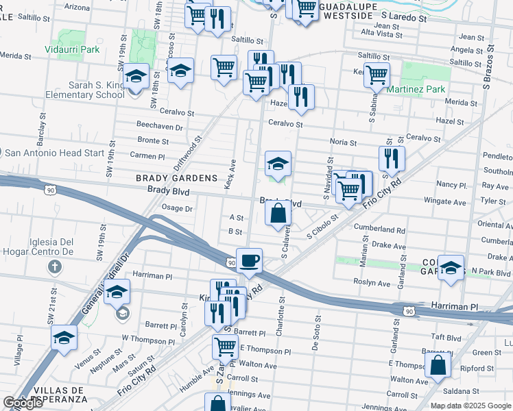 map of restaurants, bars, coffee shops, grocery stores, and more near 21 South Zarzamora Street in San Antonio