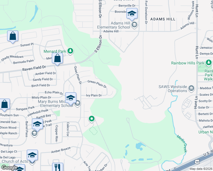 map of restaurants, bars, coffee shops, grocery stores, and more near 9651 Green Plain Drive in San Antonio
