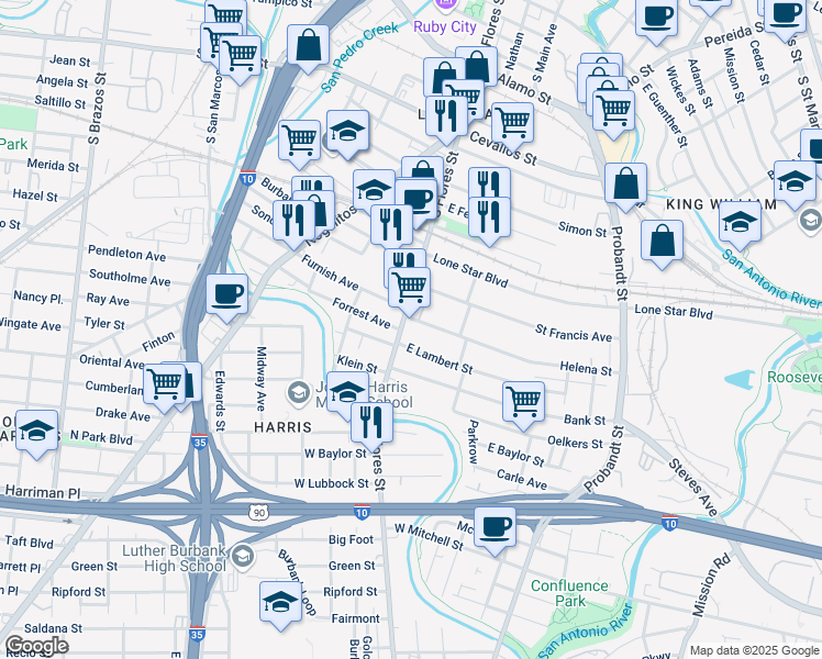 map of restaurants, bars, coffee shops, grocery stores, and more near 106 Furnish Avenue in San Antonio