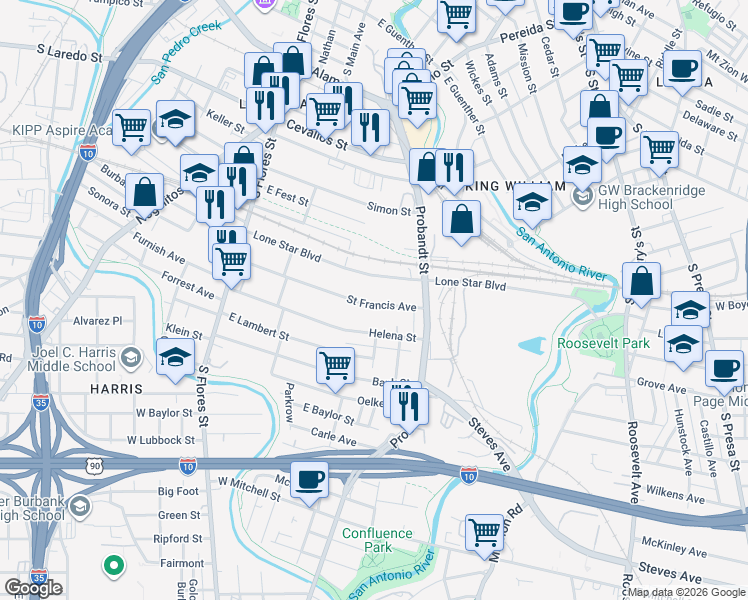 map of restaurants, bars, coffee shops, grocery stores, and more near 322 Lone Star Boulevard in San Antonio
