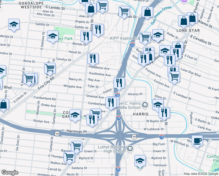 map of restaurants, bars, coffee shops, grocery stores, and more near 302 Floyd in San Antonio