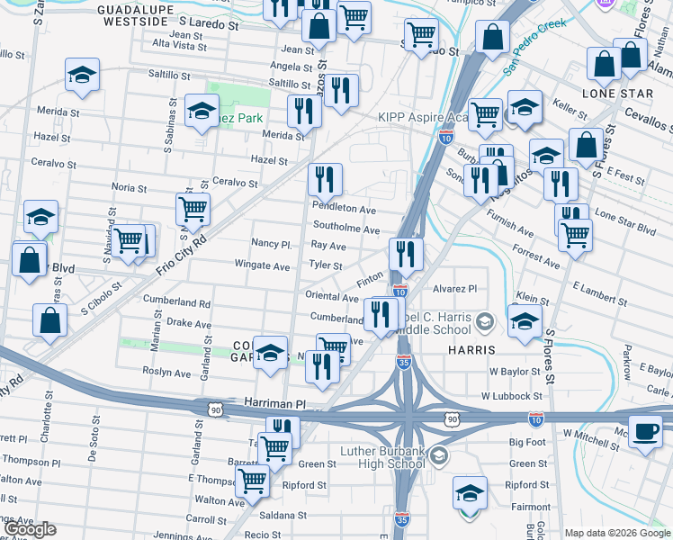 map of restaurants, bars, coffee shops, grocery stores, and more near 204 Ray Avenue in San Antonio