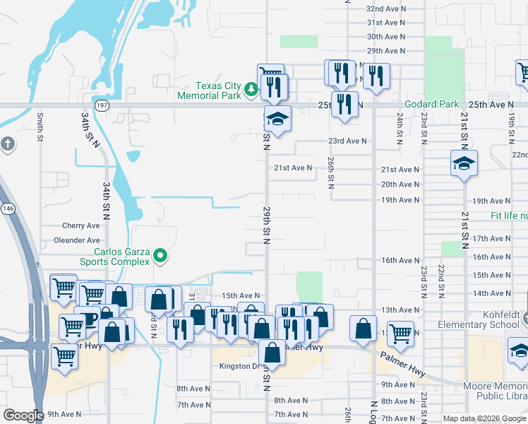 map of restaurants, bars, coffee shops, grocery stores, and more near 1917 29th Street North in Texas City
