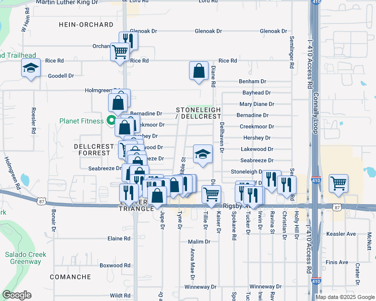 map of restaurants, bars, coffee shops, grocery stores, and more near 4803 Lakewood Drive in San Antonio