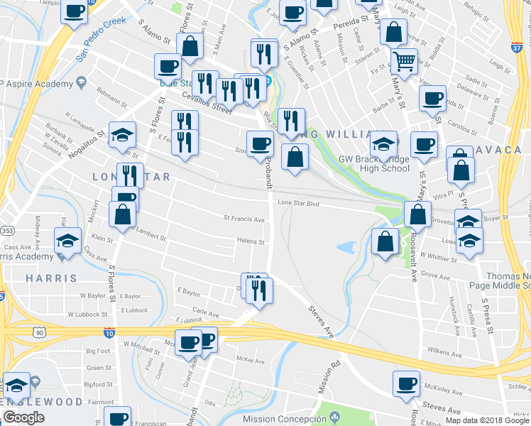 map of restaurants, bars, coffee shops, grocery stores, and more near 362 Lone Star Boulevard in San Antonio