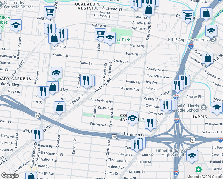 map of restaurants, bars, coffee shops, grocery stores, and more near 500 Frio City Road in San Antonio