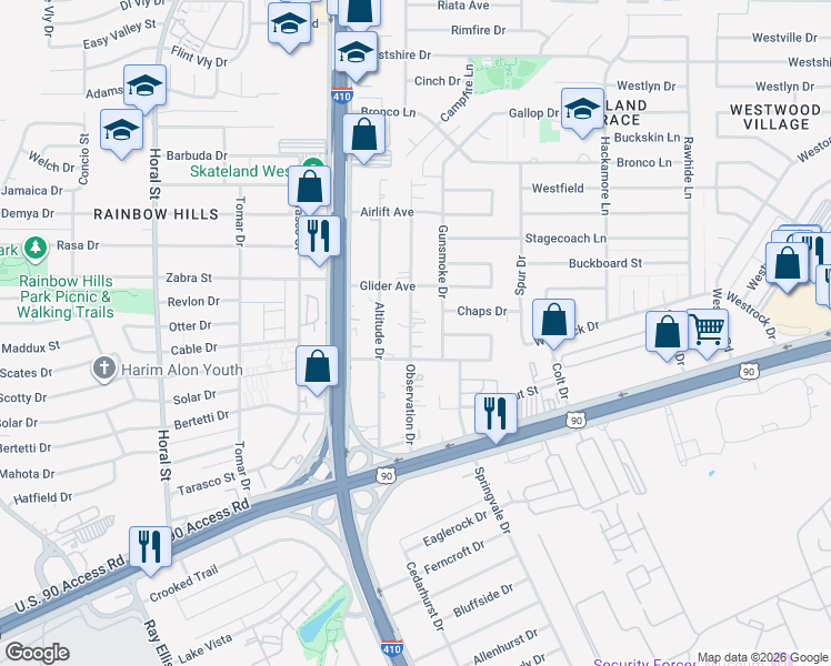 map of restaurants, bars, coffee shops, grocery stores, and more near 2623 Gunsmoke Drive in San Antonio