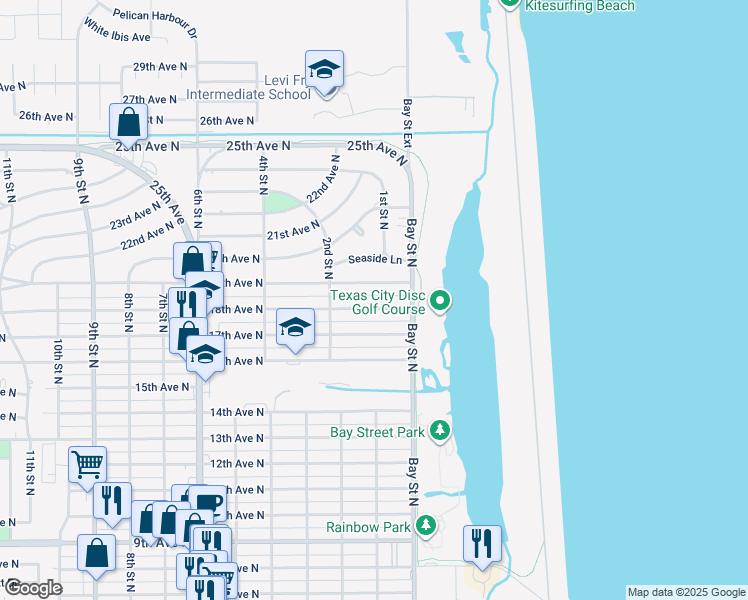 map of restaurants, bars, coffee shops, grocery stores, and more near 36 18th Avenue North in Texas City