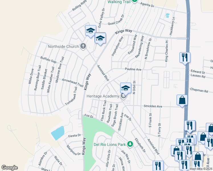 map of restaurants, bars, coffee shops, grocery stores, and more near 1100-1122 Amistad Boulevard in Del Rio