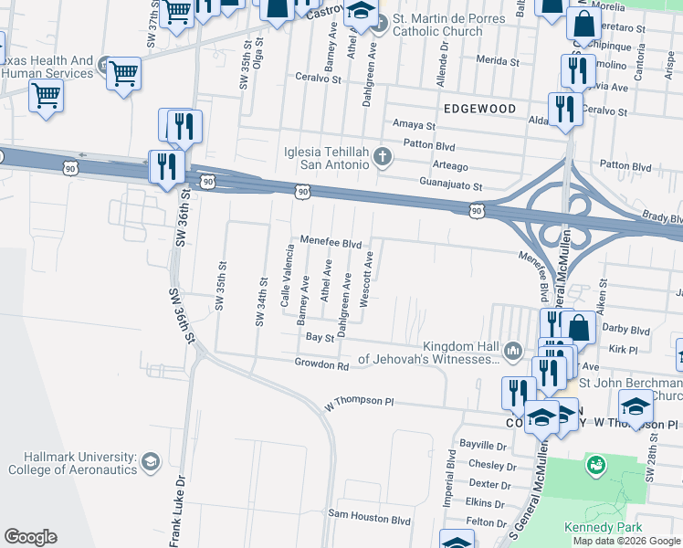 map of restaurants, bars, coffee shops, grocery stores, and more near 2422 Athel Avenue in San Antonio