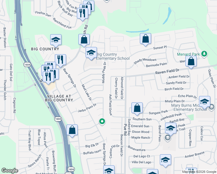 map of restaurants, bars, coffee shops, grocery stores, and more near 2515 Muddy Peak Drive in San Antonio