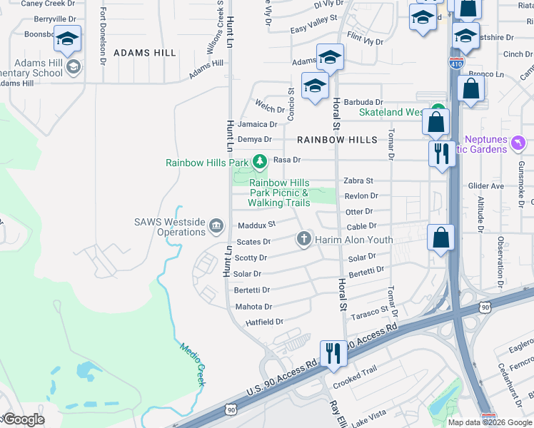 map of restaurants, bars, coffee shops, grocery stores, and more near 102 Simler Street in San Antonio