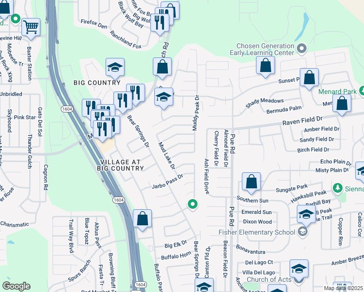 map of restaurants, bars, coffee shops, grocery stores, and more near 11335 Olney Springs Drive in San Antonio