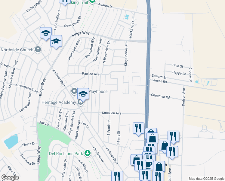 map of restaurants, bars, coffee shops, grocery stores, and more near 102 Wade Circle in Del Rio