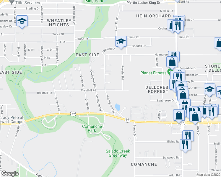 map of restaurants, bars, coffee shops, grocery stores, and more near 725 Cresthill Road in San Antonio