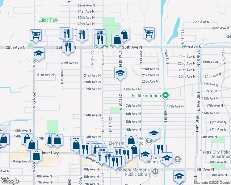 map of restaurants, bars, coffee shops, grocery stores, and more near 2114 19th Avenue North in Texas City