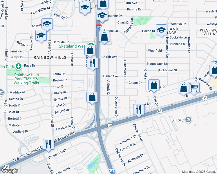 map of restaurants, bars, coffee shops, grocery stores, and more near 328 Altitude Street in San Antonio