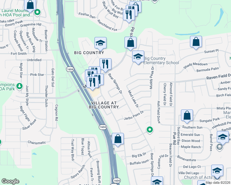 map of restaurants, bars, coffee shops, grocery stores, and more near 2502 Bear Springs Drive in San Antonio