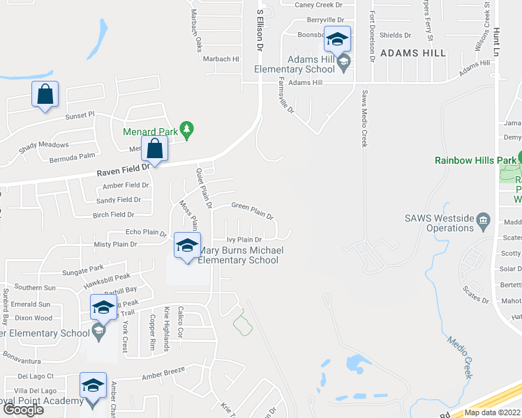 map of restaurants, bars, coffee shops, grocery stores, and more near 9651 Green Plain Drive in San Antonio
