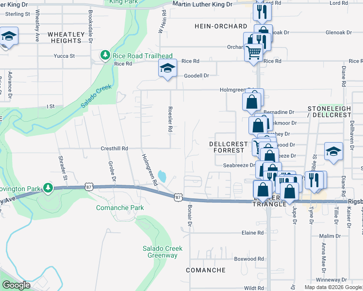 map of restaurants, bars, coffee shops, grocery stores, and more near 831 Cresthill Road in San Antonio