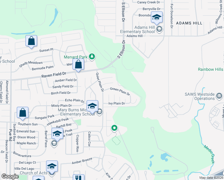 map of restaurants, bars, coffee shops, grocery stores, and more near 9726 Green Plain Drive in San Antonio