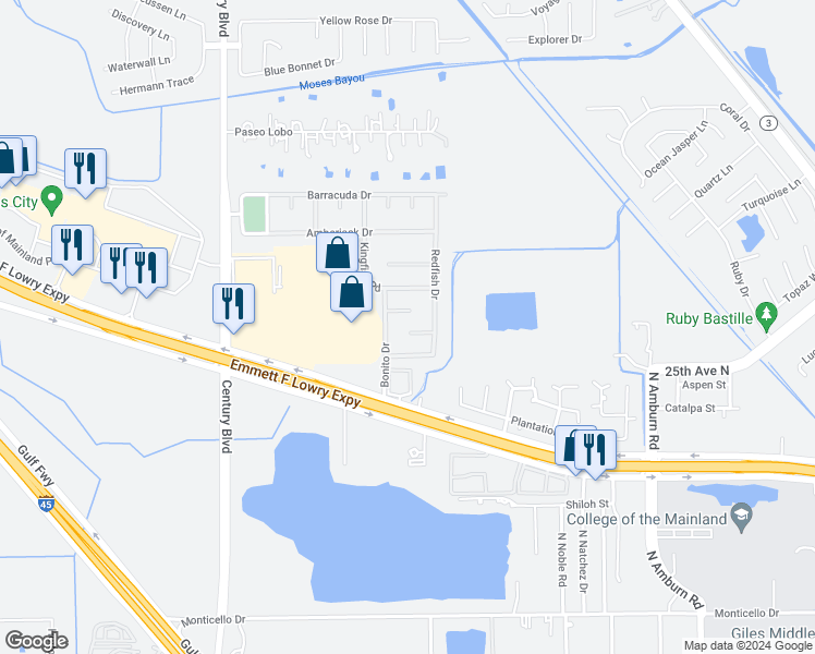 map of restaurants, bars, coffee shops, grocery stores, and more near 9116 Dolphin Circle in Texas City