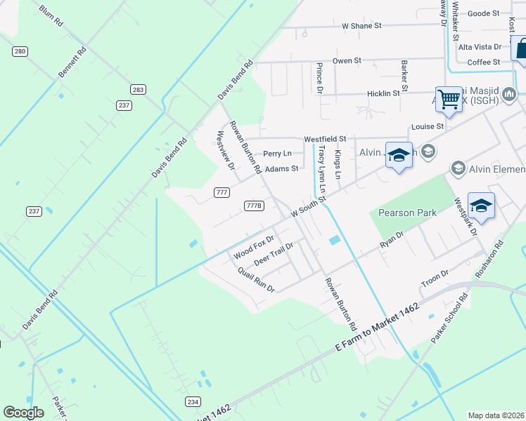 map of restaurants, bars, coffee shops, grocery stores, and more near 3405 Meadowlark Lane in Alvin