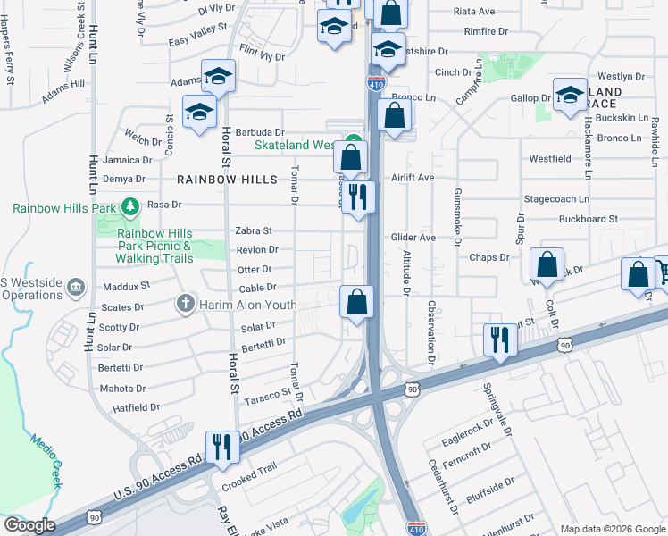map of restaurants, bars, coffee shops, grocery stores, and more near 505 Tarasco Street in San Antonio