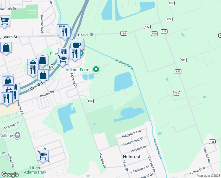 map of restaurants, bars, coffee shops, grocery stores, and more near 720 Sandpit Road in Alvin