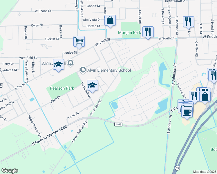 map of restaurants, bars, coffee shops, grocery stores, and more near 1904 Rosharon Road in Alvin