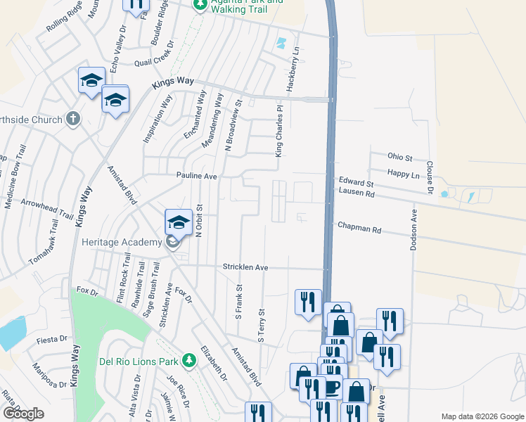 map of restaurants, bars, coffee shops, grocery stores, and more near 102 Wade Circle in Del Rio