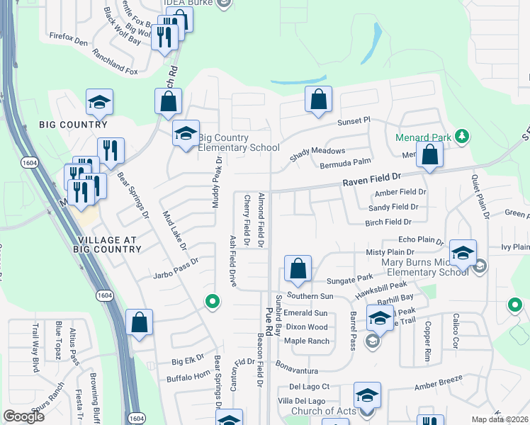 map of restaurants, bars, coffee shops, grocery stores, and more near 2834 Almond Field Drive in San Antonio