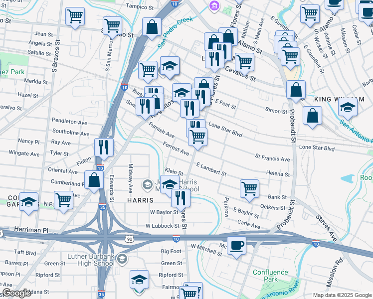 map of restaurants, bars, coffee shops, grocery stores, and more near 137 Forrest Avenue in San Antonio