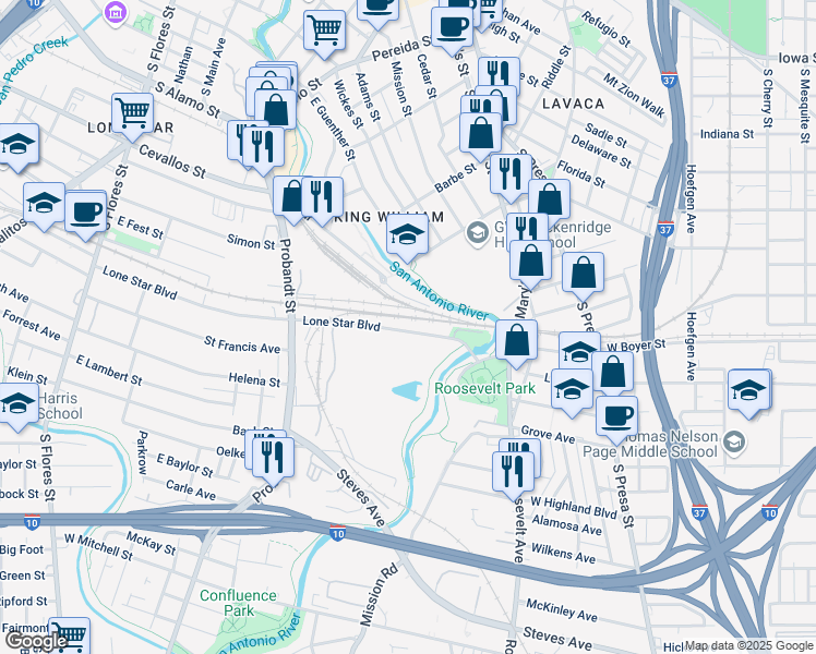 map of restaurants, bars, coffee shops, grocery stores, and more near 673 Lone Star Boulevard in San Antonio