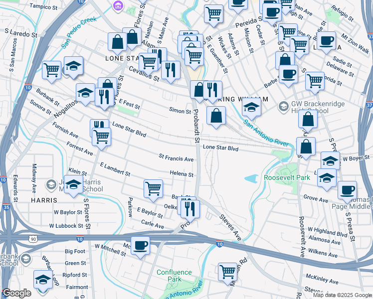map of restaurants, bars, coffee shops, grocery stores, and more near 362 Lone Star Boulevard in San Antonio