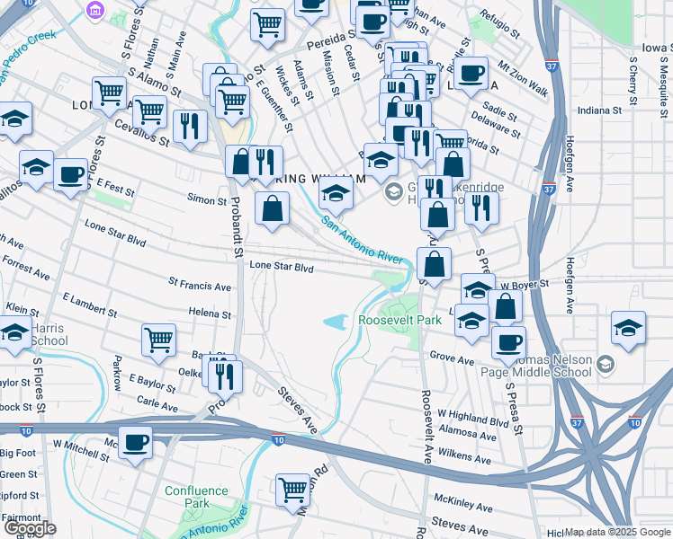 map of restaurants, bars, coffee shops, grocery stores, and more near 673 Lone Star Boulevard in San Antonio