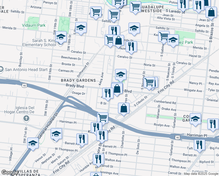 map of restaurants, bars, coffee shops, grocery stores, and more near 21 South Zarzamora Street in San Antonio